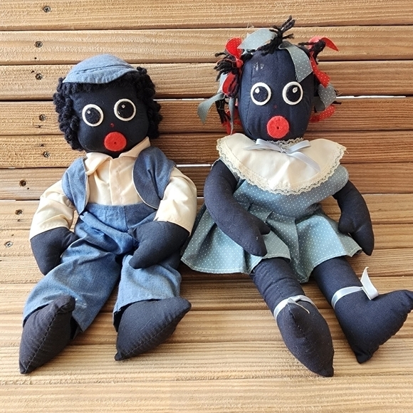 Vintage lot African American black Americana cloth doll set boy and girl boxhead - Picture 3 of 14